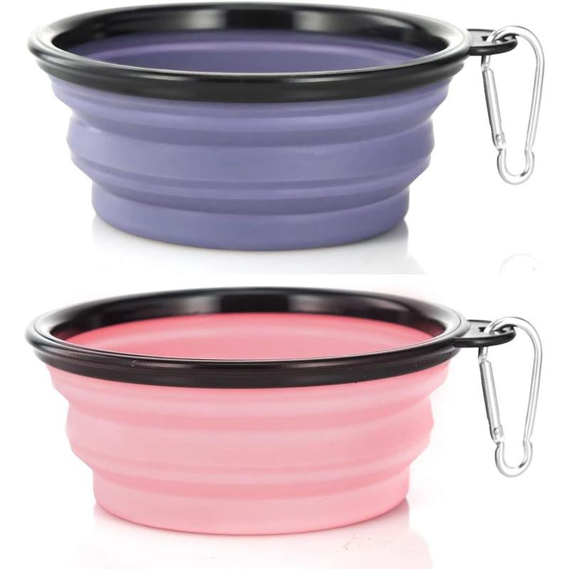 SLSON Collapsible Dog Bowls, 2 Pack, Portable Pet Feeding Watering Dish for Traveling with Carabiners (Small, Orange+Pink)
