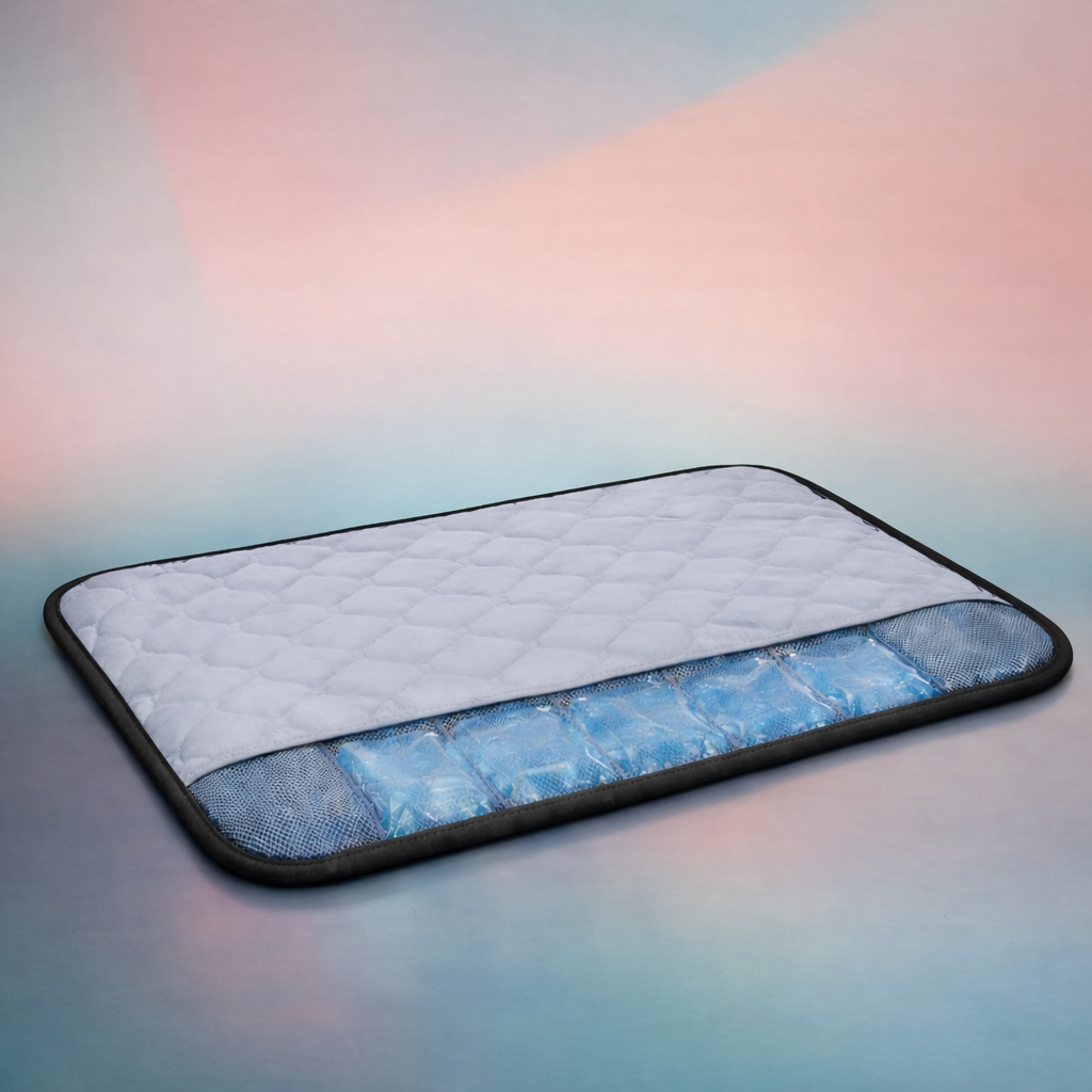 Portable Pet Cooling Mat with Gel Ice Bricks – Breathable Summer Bed for Dogs & Cats - in use