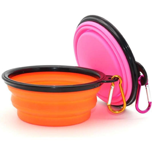 SLSON Collapsible Dog Bowls, 2 Pack, Portable Pet Feeding Watering Dish for Traveling with Carabiners (Small, Orange+Pink)